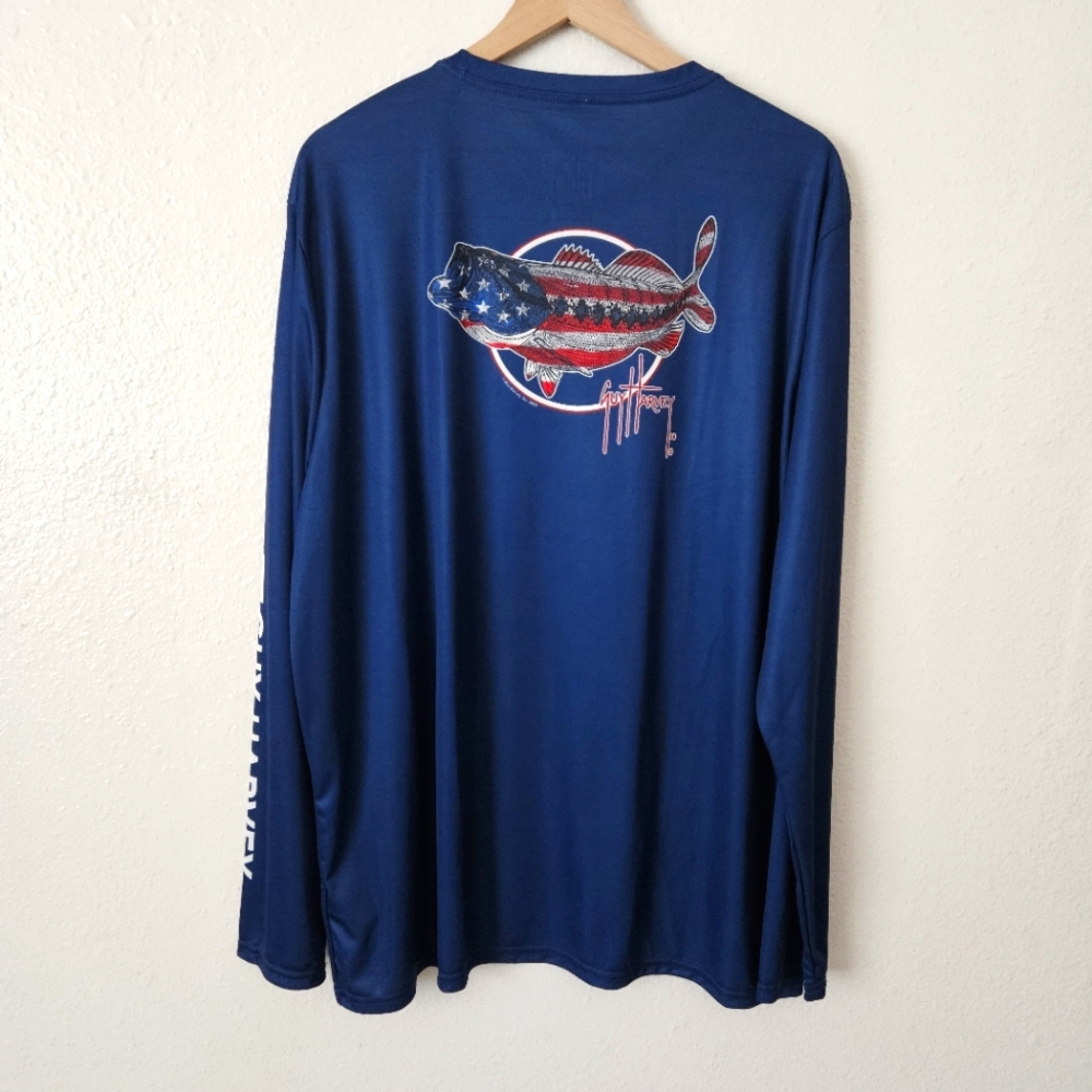 NWT GUY HARVEY Mens XXL UPF 30 Long Sleeve Fishing Shirt with AmericanFlag